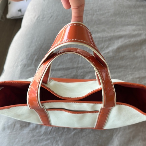 Lands End Chic White canvas and orange pleather Tote Bag - Picture 5 of 6